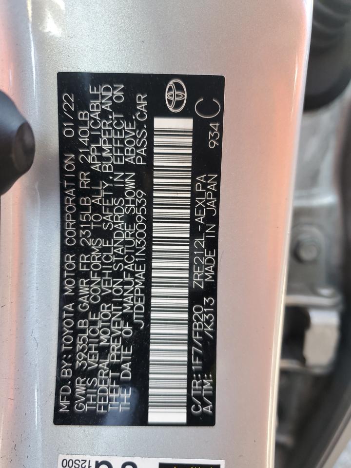 2022 TOYOTA COROLLA LE VIN:JTDEPMAE1N3009539