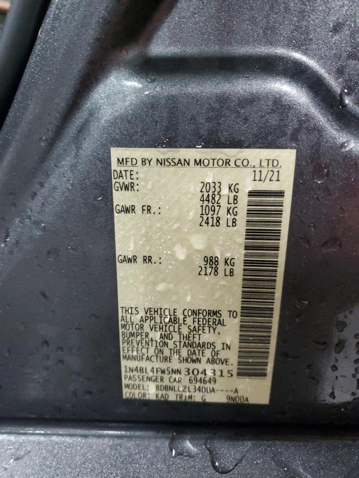 2022 NISSAN ALTIMA PLATINUM VIN:1N4BL4FW5NN304315