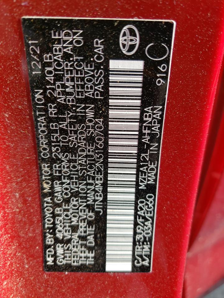 2022 TOYOTA COROLLA SE VIN:JTNB4MBE2N3160704