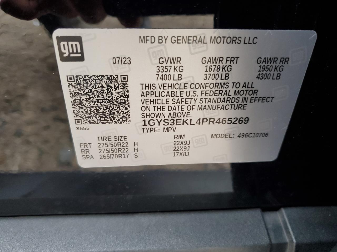 2023 CADILLAC ESCALADE SPORT VIN:1GYS3EKL4PR465269