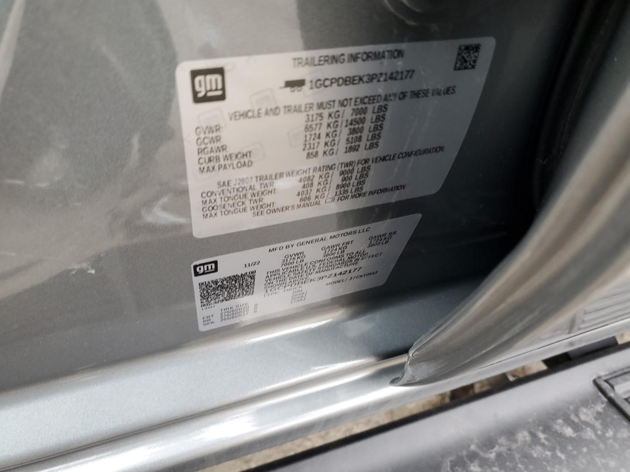 2023 CHEVROLET SILVERADO K1500 CUSTOM VIN:1GCPDBEK3PZ142177