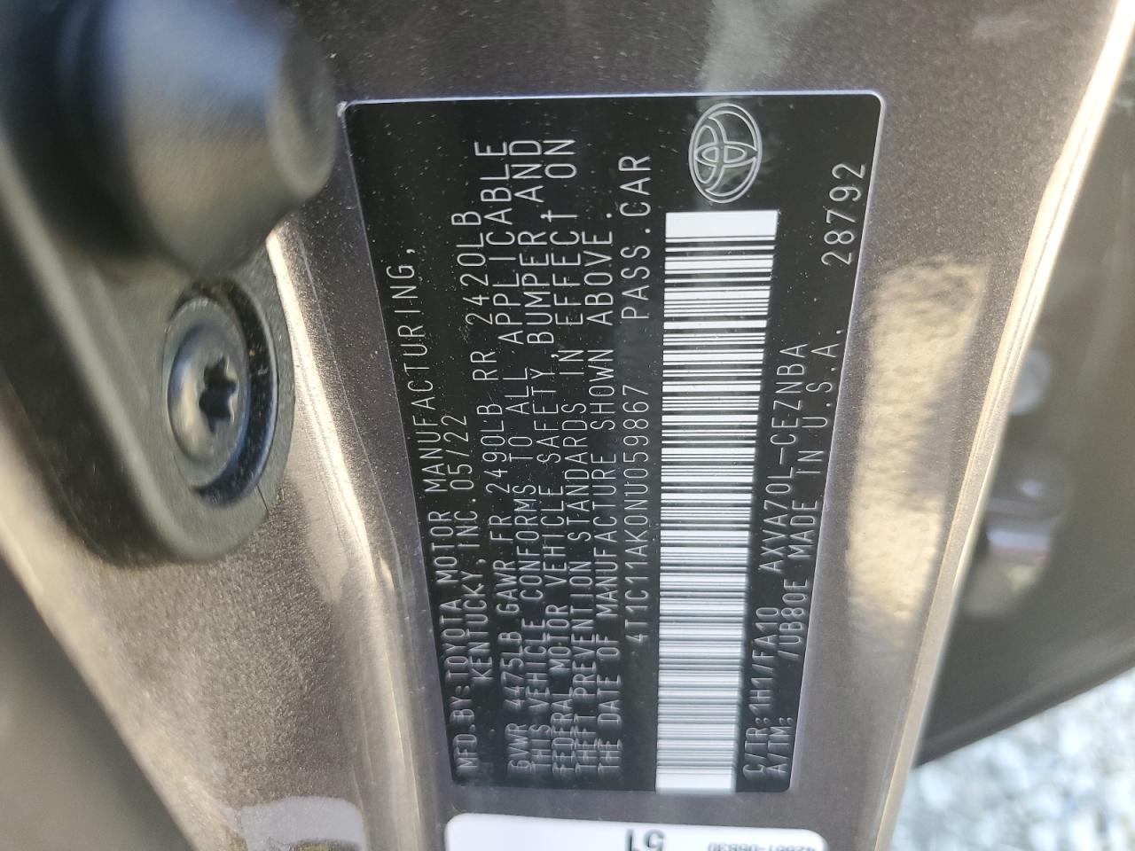 2022 TOYOTA CAMRY LE VIN:4T1C11AK0NU059867