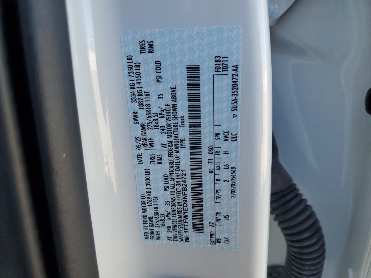 2022 FORD F150 SUPERCREW VIN:1FTFW1ED9NFB24721
