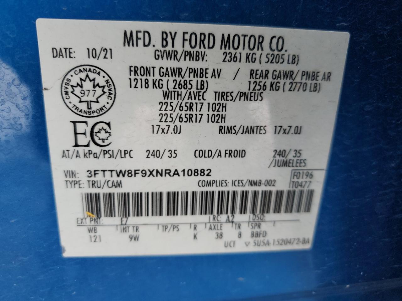 2022 FORD MAVERICK XL VIN:3FTTW8F9XNRA10882
