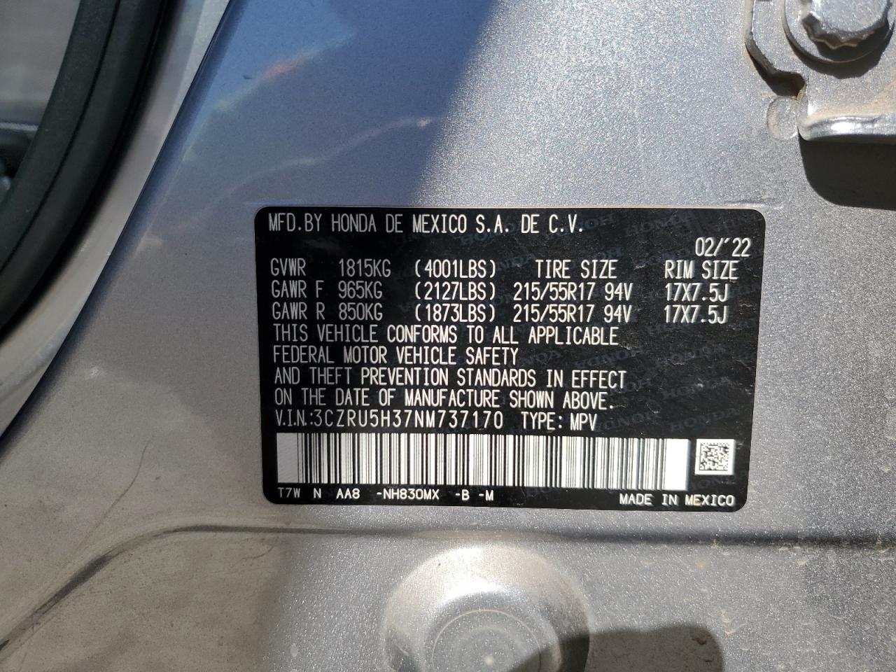 2022 HONDA HR-V LX VIN:3CZRU5H37NM737170