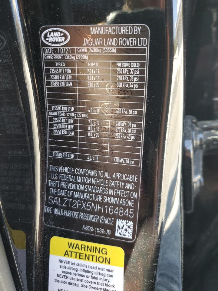 2022 LAND ROVER RANGE ROVER EVOQUE R-DYNAMIC S VIN:SALZT2FX5NH164845