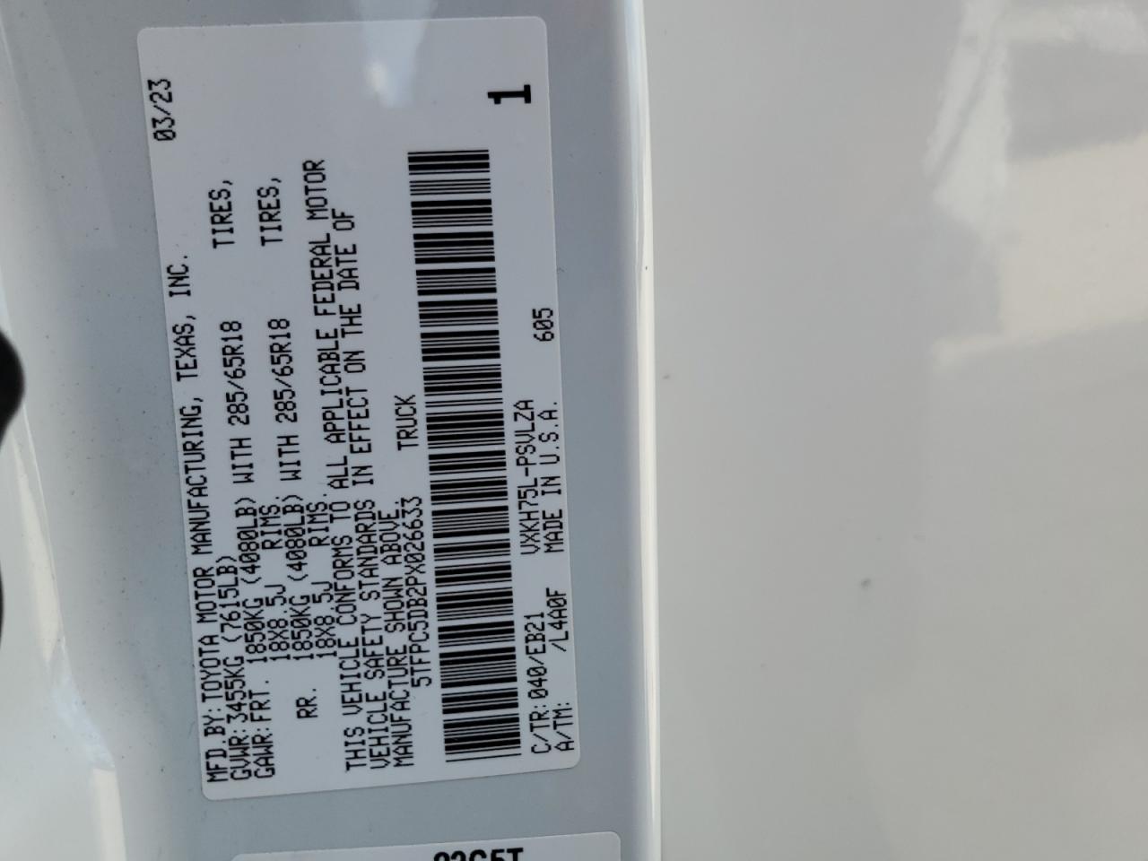 2023 TOYOTA TUNDRA CREWMAX LIMITED VIN:5TFPC5DB2PX026633