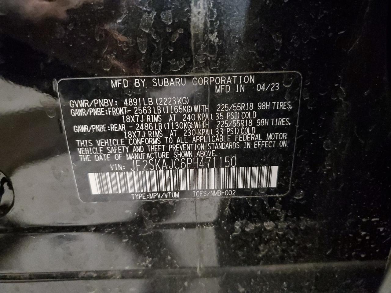 2023 SUBARU FORESTER SPORT VIN:JF2SKAJC6PH471150