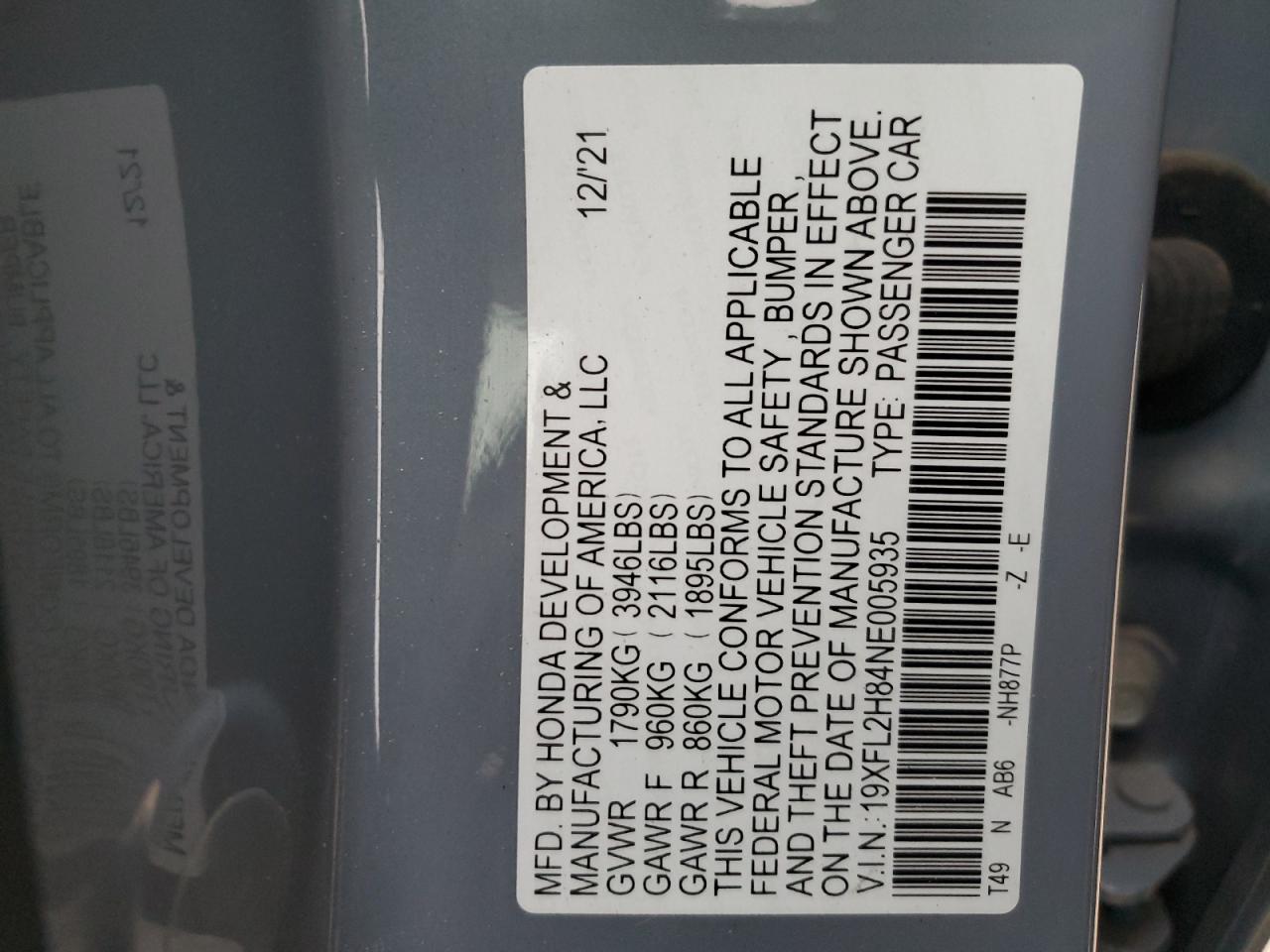 2022 HONDA CIVIC SPORT VIN:19XFL2H84NE005935