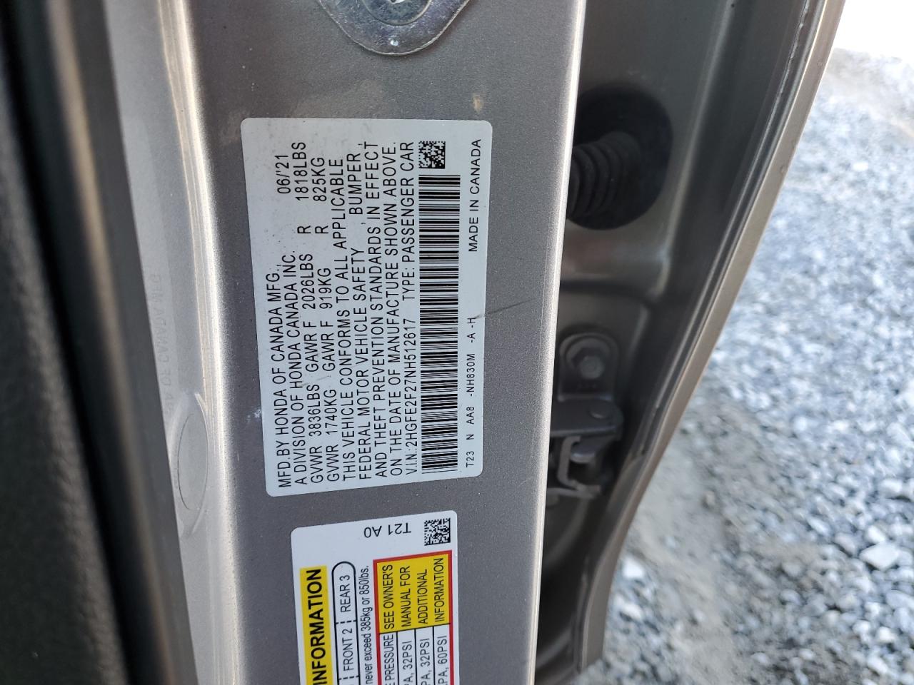 2022 HONDA CIVIC LX VIN:2HGFE2F27NH512617