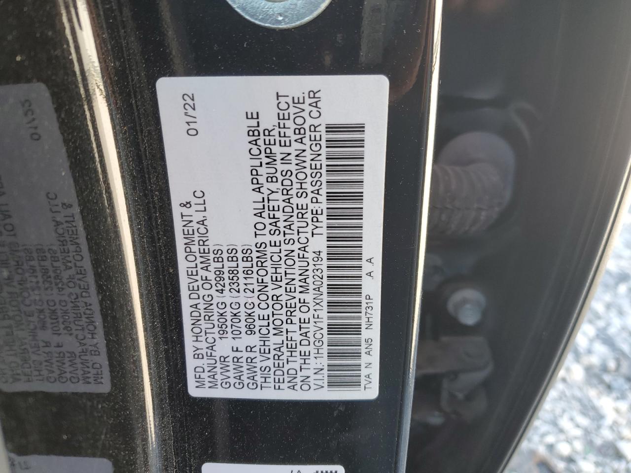 2022 HONDA ACCORD LX VIN:1HGCV1F1XNA023194