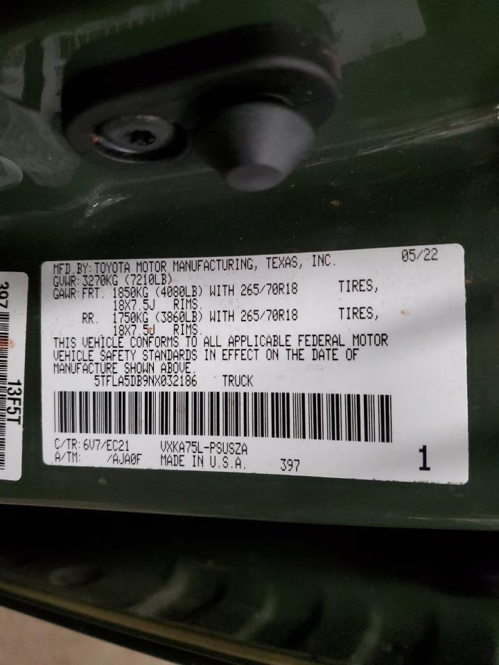 2022 TOYOTA TUNDRA CREWMAX SR VIN:5TFLA5DB9NX032186