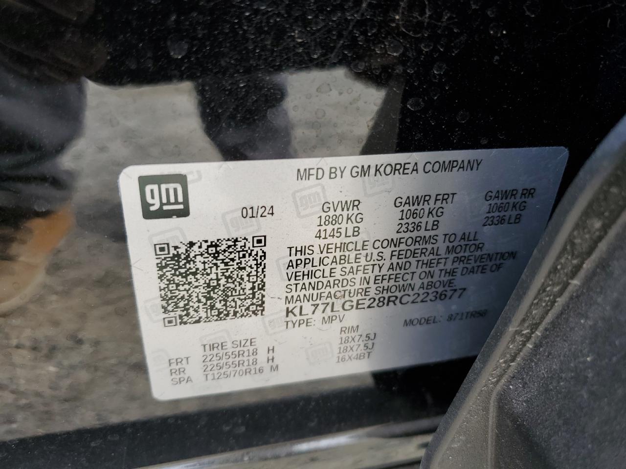 2024 CHEVROLET TRAX 1RS VIN:KL77LGE28RC223677