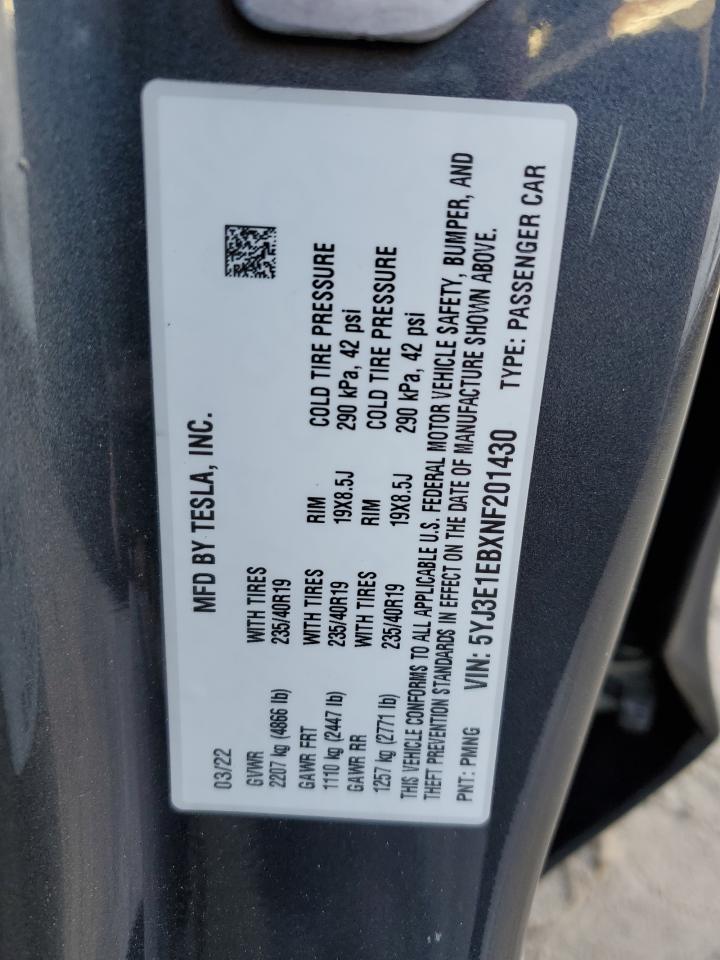 2022 TESLA MODEL 3  VIN:5YJ3E1EBXNF201430