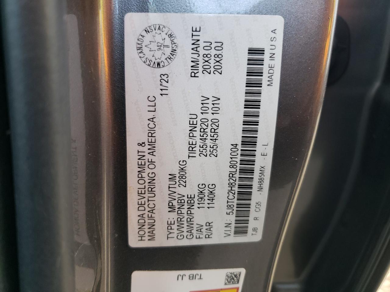 2024 ACURA RDX A-SPEC ADVANCE VIN:5J8TC2H82RL801004