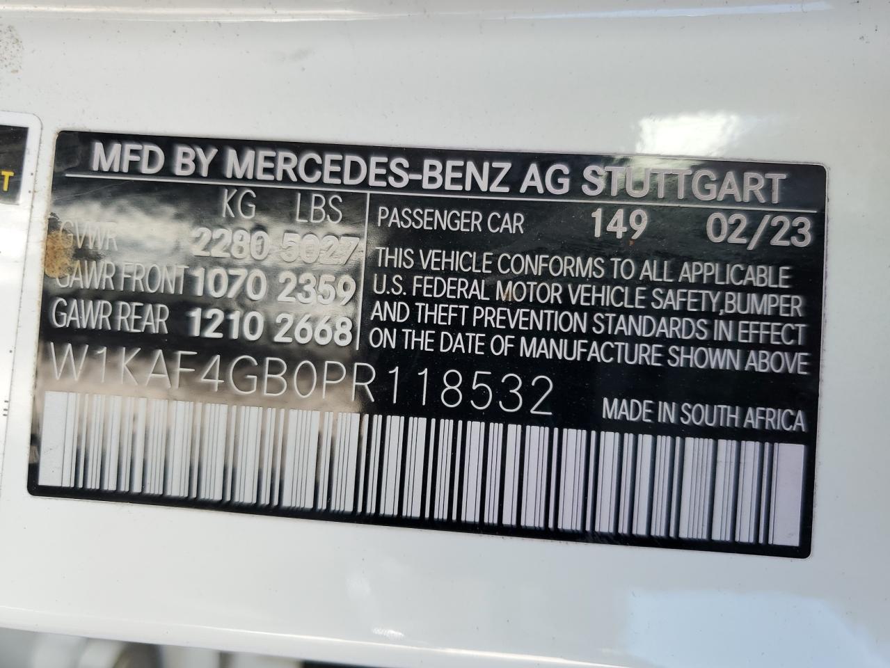 2023 MERCEDES-BENZ C 300 VIN:W1KAF4GB0PR118532