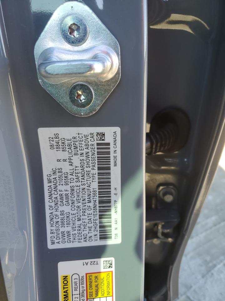 2022 HONDA CIVIC SI VIN:2HGFE1E58NH475681