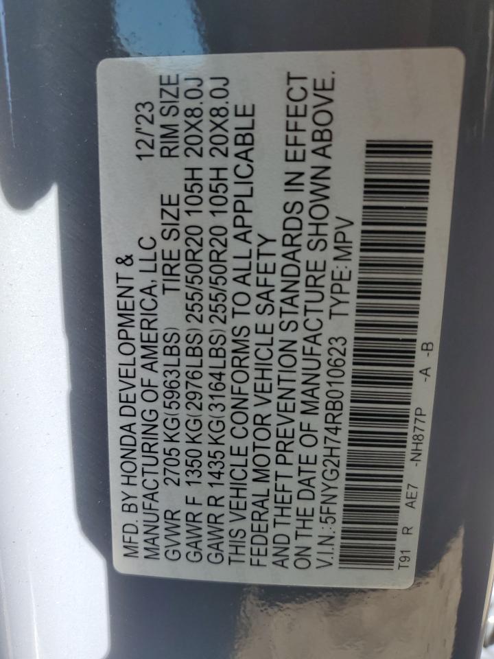 2024 HONDA PILOT TOURING VIN:5FNYG2H74RB010623