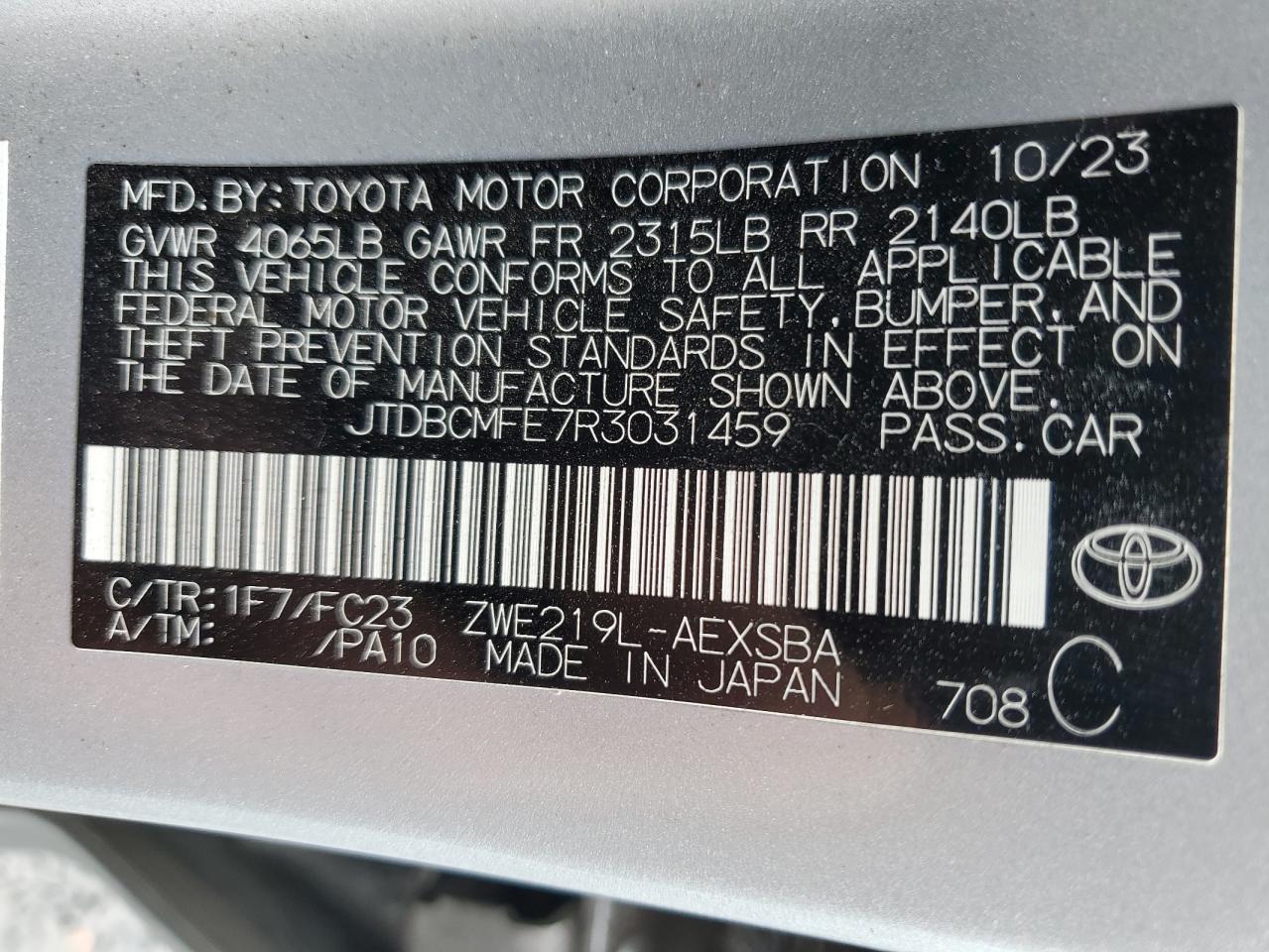 2024 TOYOTA COROLLA LE VIN:JTDBCMFE7R3031459