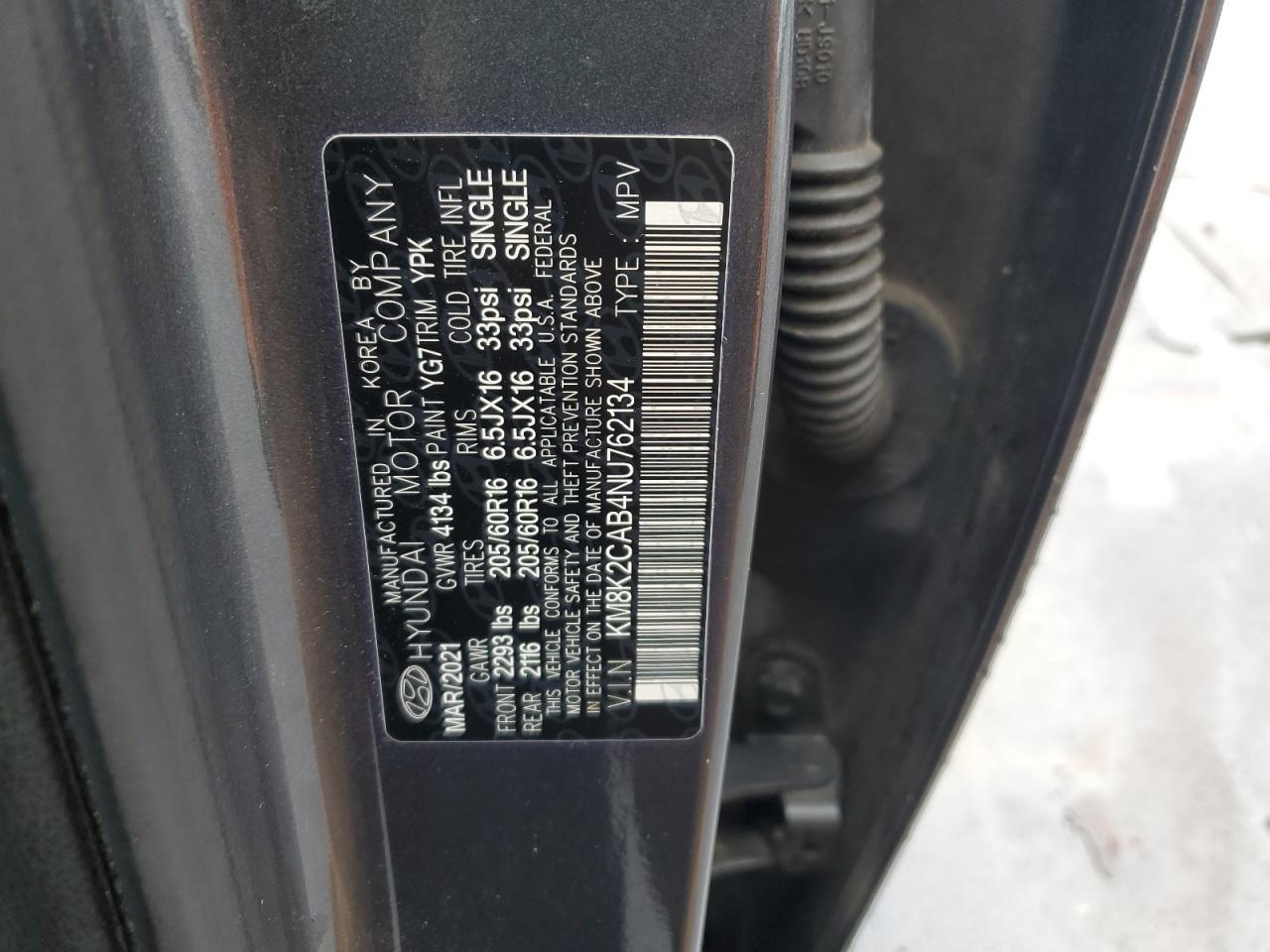 2022 HYUNDAI KONA SEL VIN:KM8K2CAB4NU762134