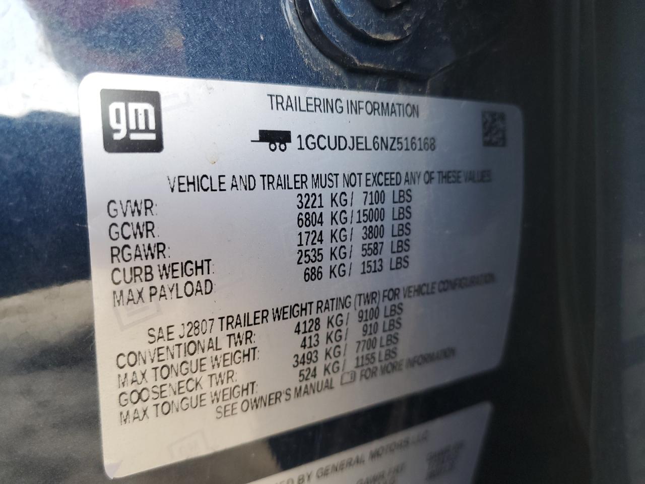 2022 CHEVROLET SILVERADO K1500 HIGH COUNTRY VIN:1GCUDJEL6NZ516168