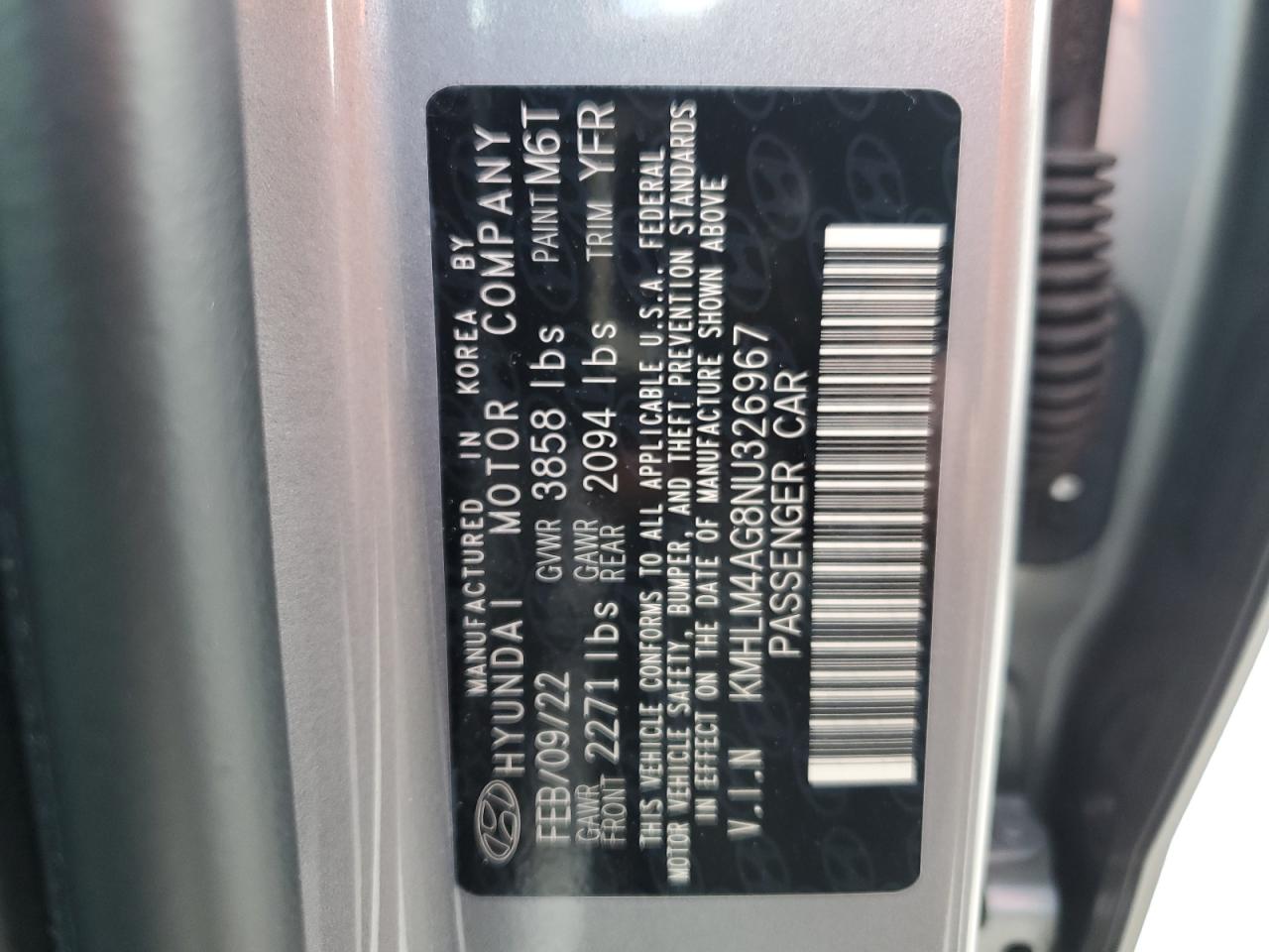 2022 HYUNDAI ELANTRA SEL VIN:KMHLM4AG8NU326967