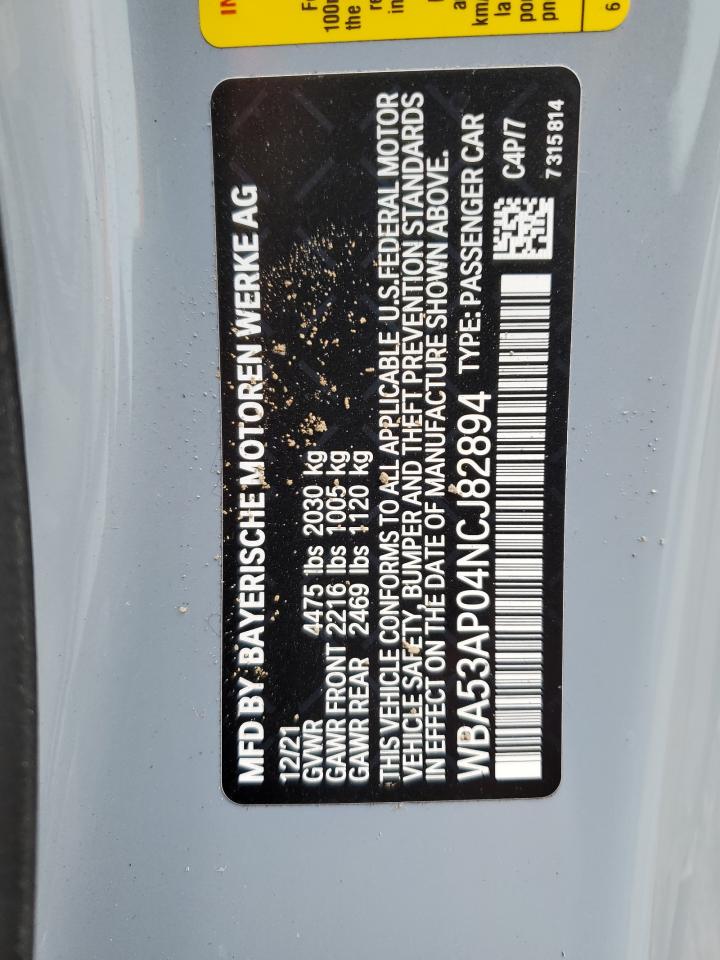 2022 BMW 430I  VIN:WBA53AP04NCJ82894