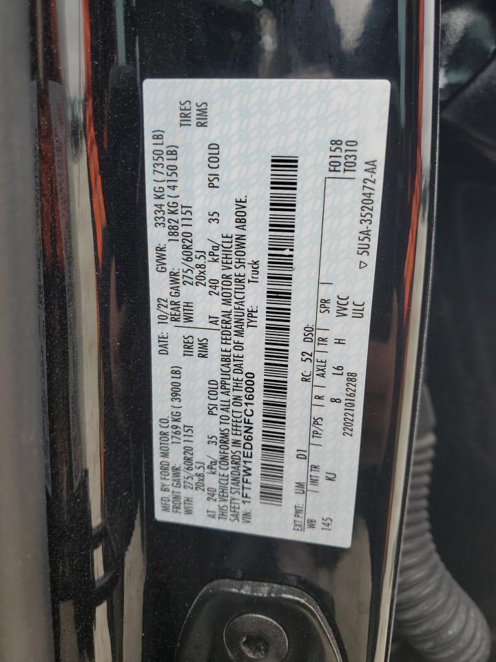 2022 FORD F150 SUPERCREW VIN:1FTFW1ED6NFC16000