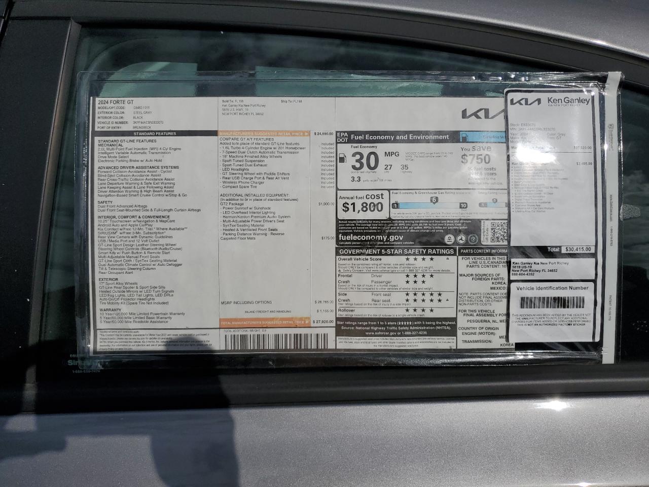 2024 KIA FORTE GT VIN:3KPF44AC5RE833070