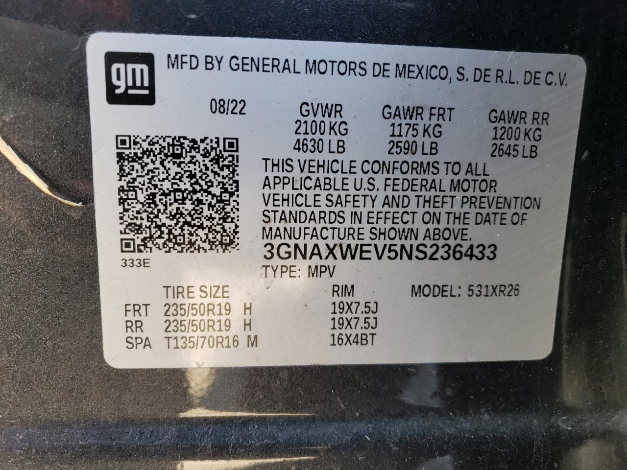 2022 CHEVROLET EQUINOX RS VIN:3GNAXWEV5NS236433