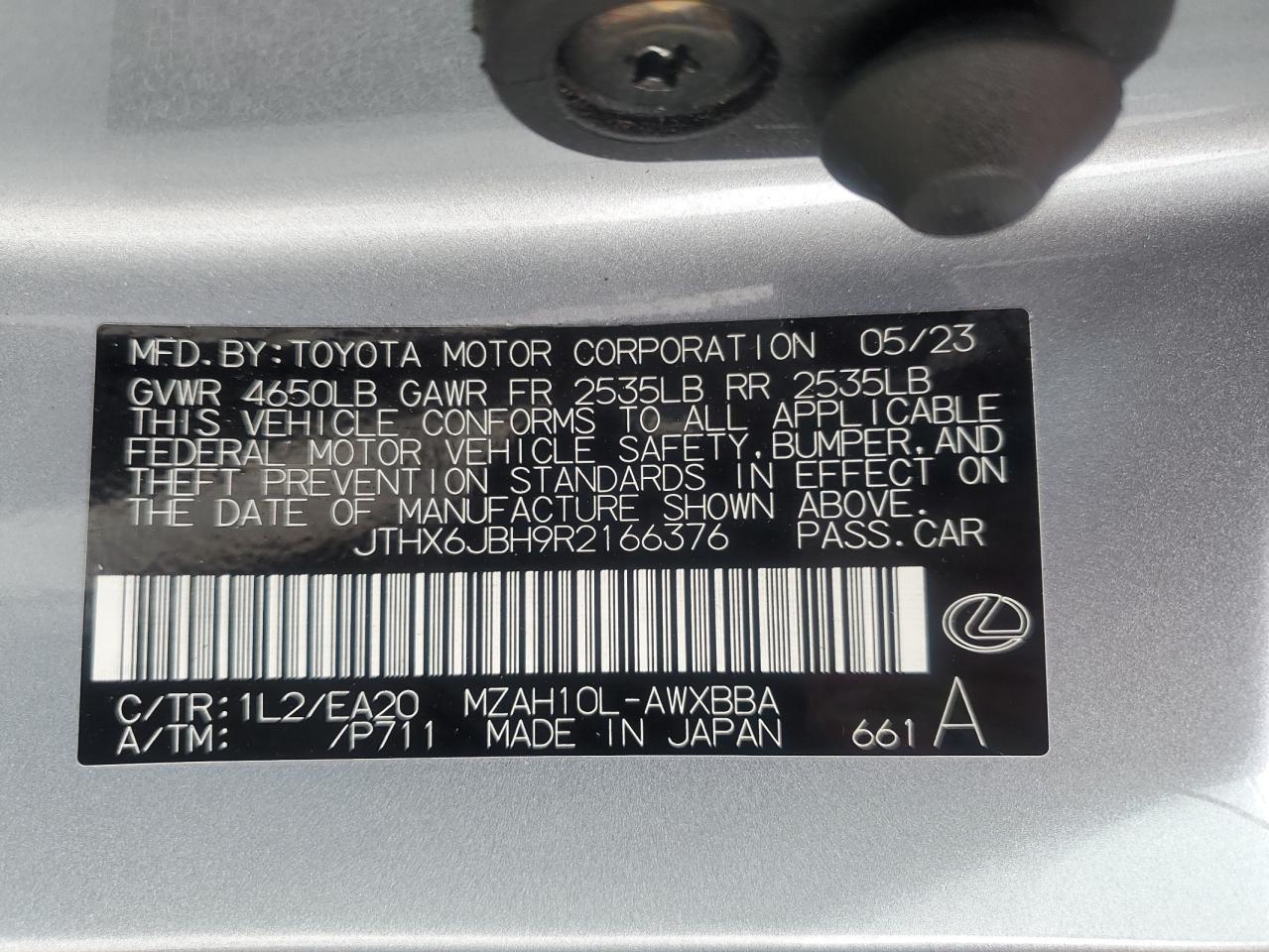 2024 LEXUS UX 250H BASE VIN:JTHX6JBH9R2166376