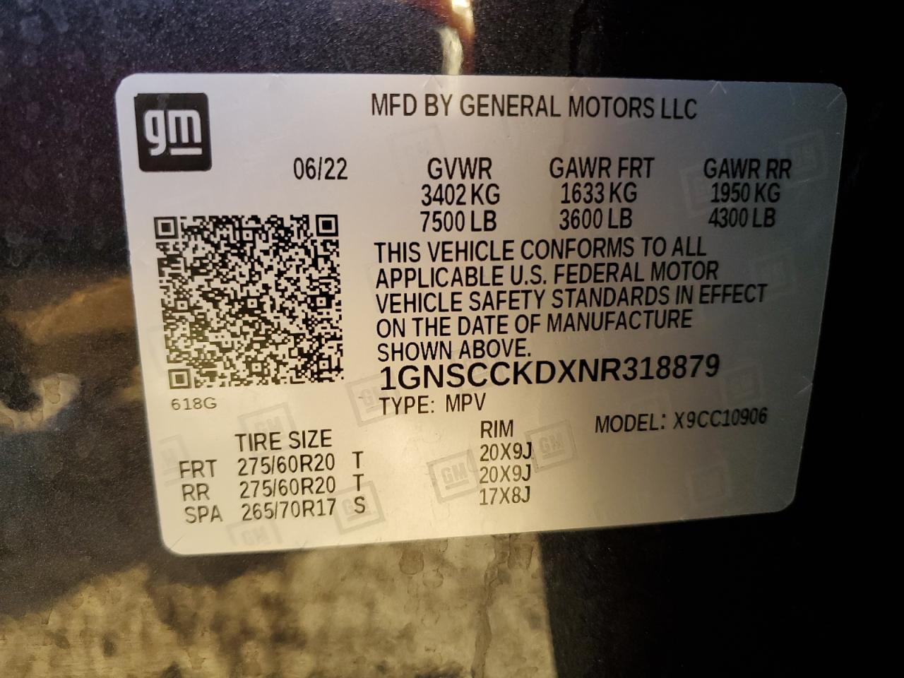 2022 CHEVROLET SUBURBAN C1500 LT VIN:1GNSCCKDXNR318879