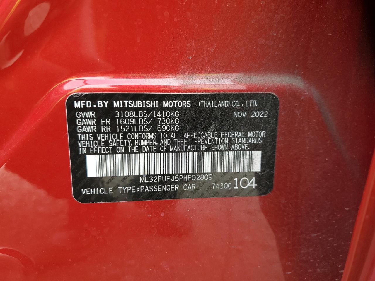 2023 MITSUBISHI MIRAGE G4 ES VIN:ML32FUFJ5PHF02809