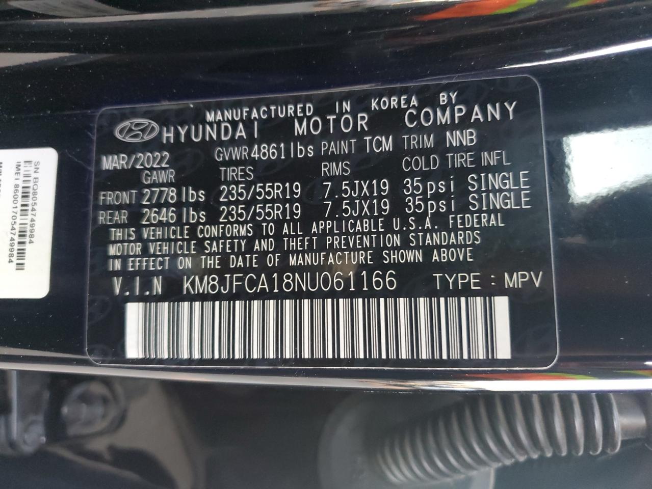 2022 HYUNDAI TUCSON SEL CONVENIENCE VIN:KM8JFCA18NU061166