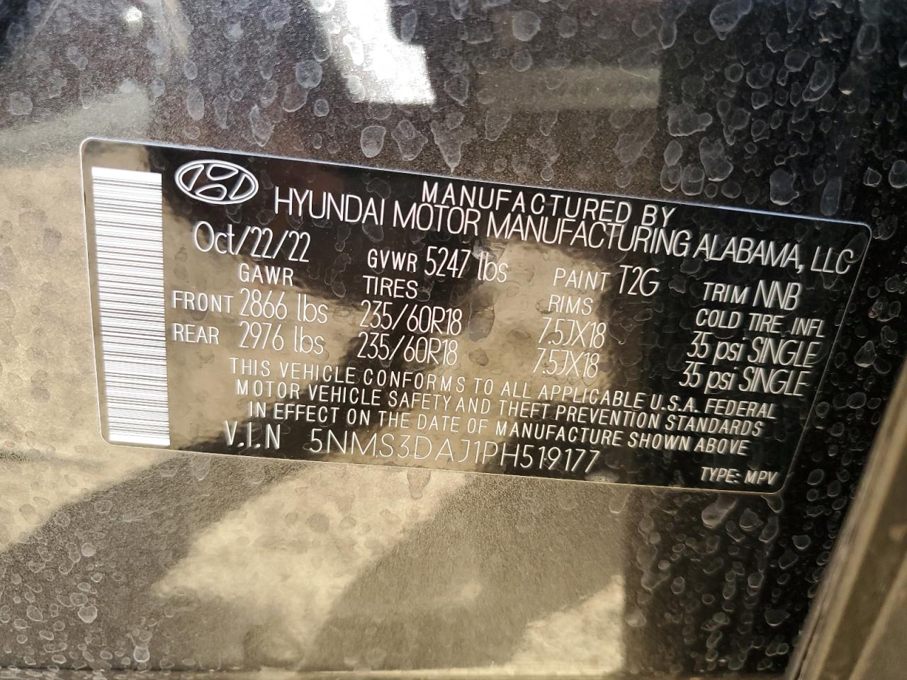 2023 HYUNDAI SANTA FE SEL PREMIUM VIN:5NMS3DAJ1PH519177