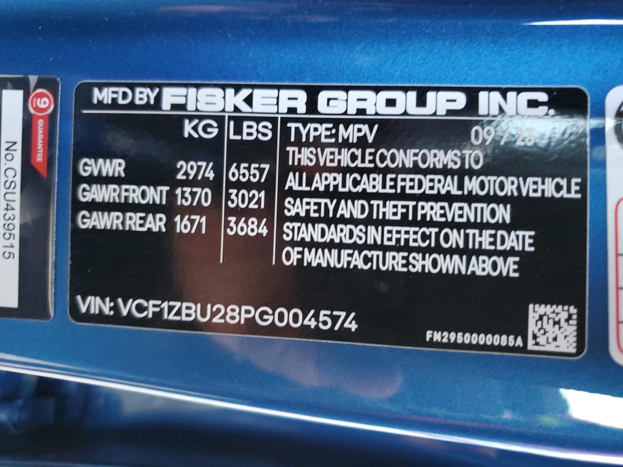 2023 FISKER INC. OCEAN OCEAN ONE VIN:VCF1ZBU28PG004574