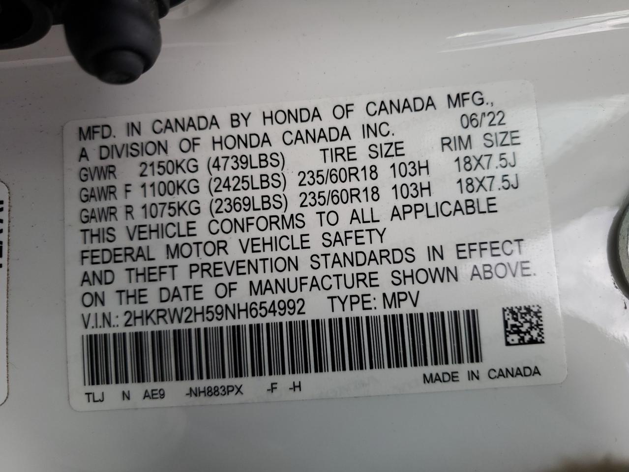 2022 HONDA CR-V EX VIN:2HKRW2H59NH654992