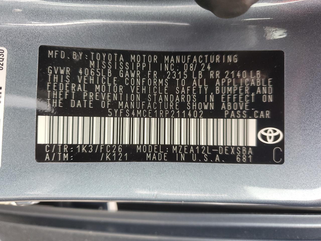 2024 TOYOTA COROLLA SE VIN:5YFS4MCE1RP211402