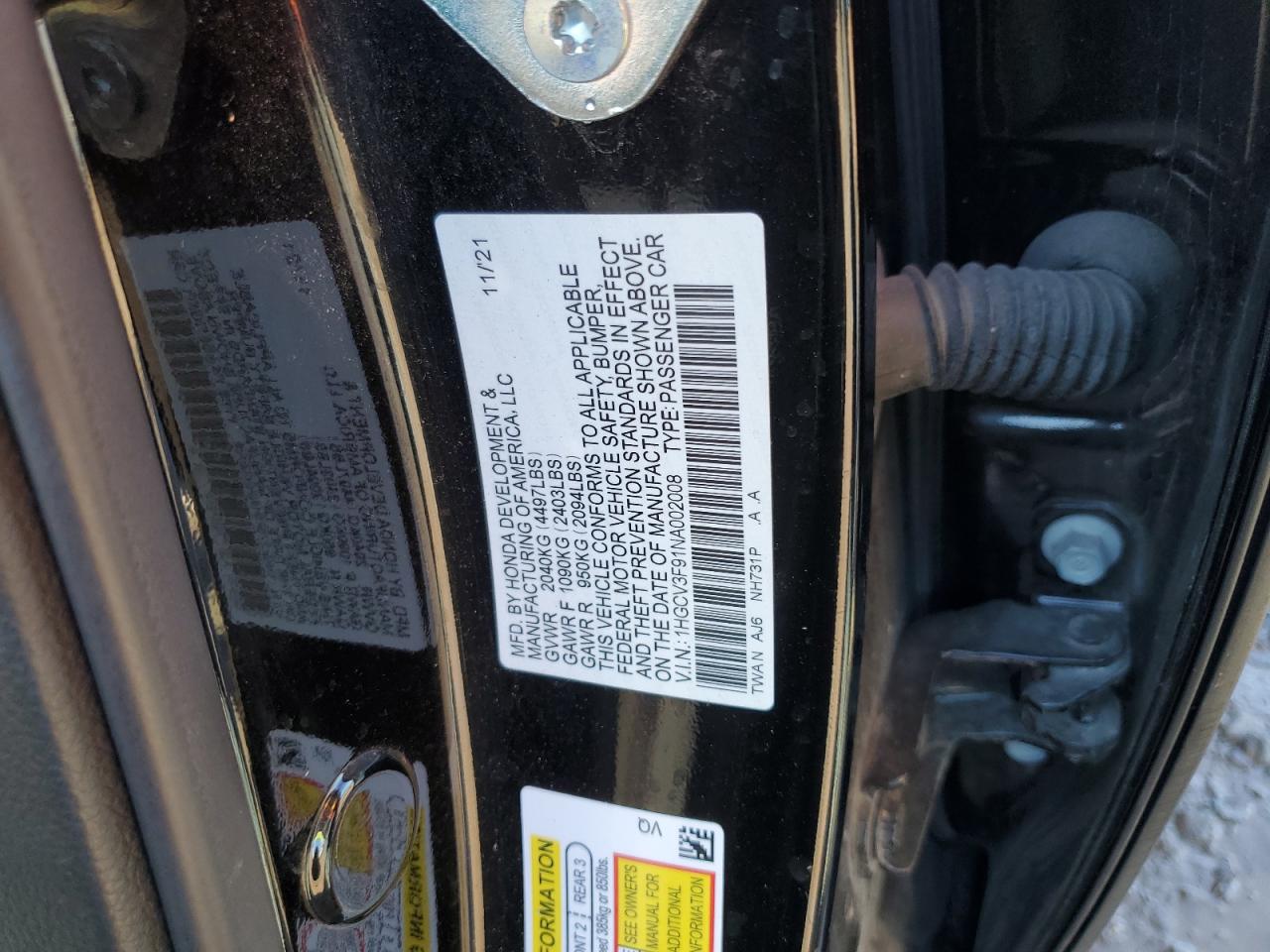 2022 HONDA ACCORD TOURING HYBRID VIN:1HGCV3F91NA002008