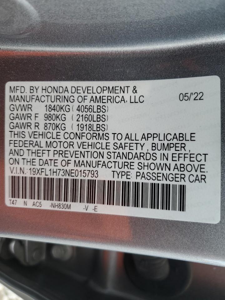 2022 HONDA CIVIC EXL VIN:19XFL1H73NE015793