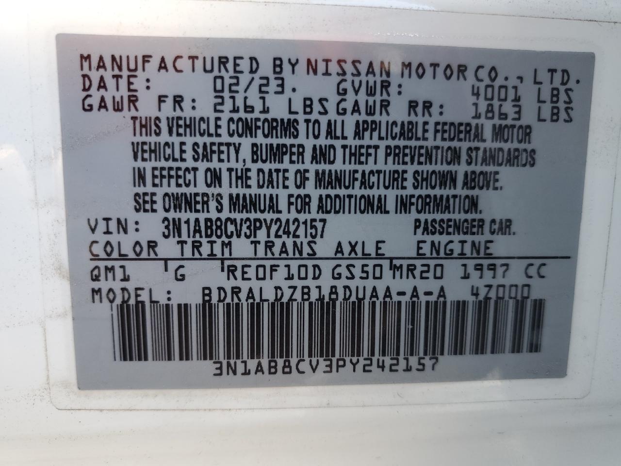 2023 NISSAN SENTRA SV VIN:3N1AB8CV3PY242157