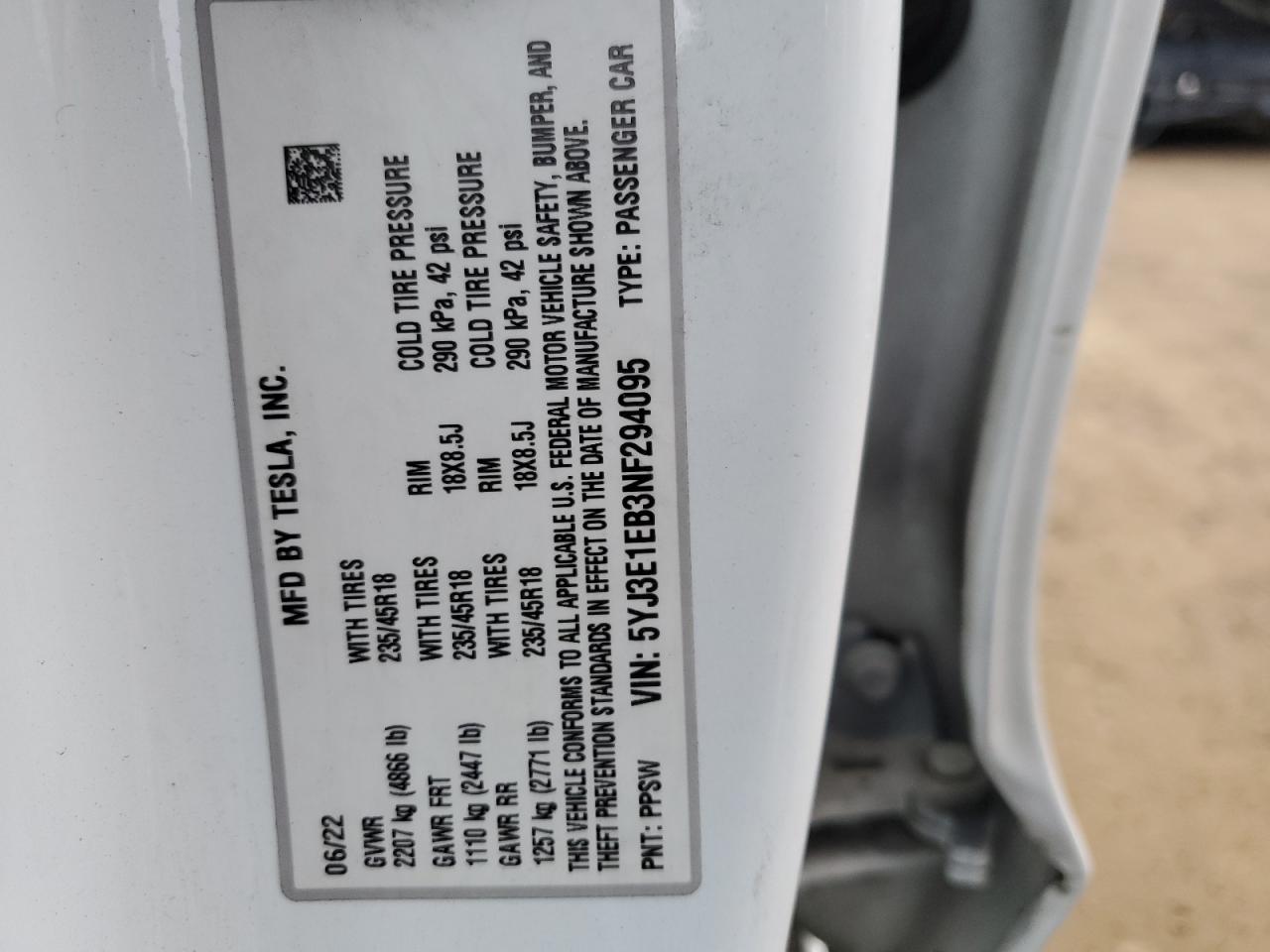 2022 TESLA MODEL 3  VIN:5YJ3E1EB3NF294095