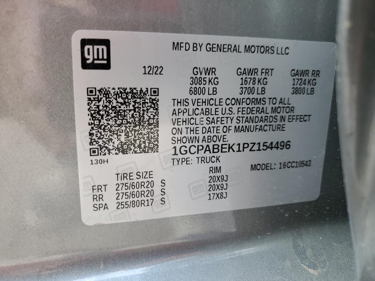 2023 CHEVROLET SILVERADO C1500 CUSTOM VIN:1GCPABEK1PZ154496