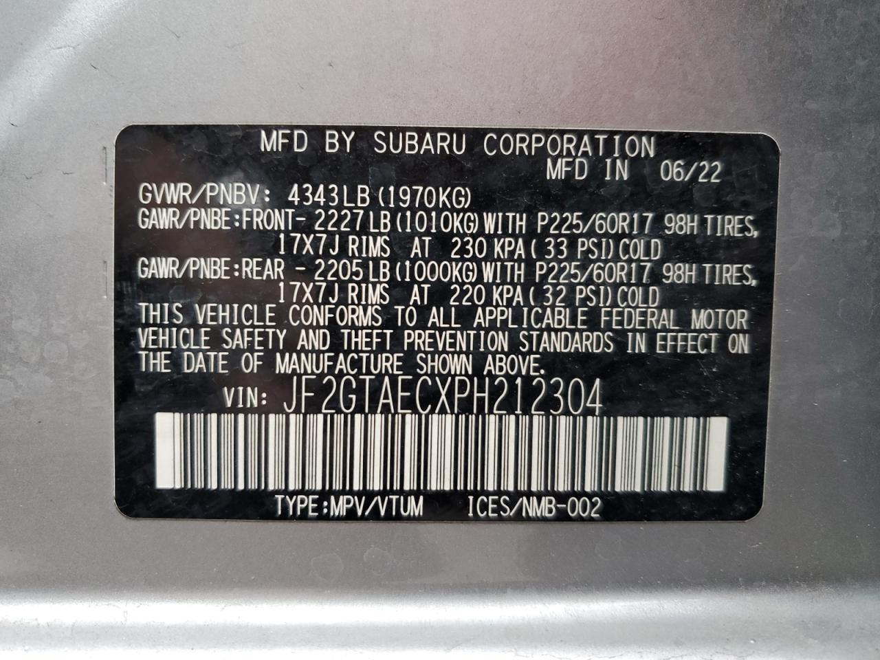 2023 SUBARU CROSSTREK PREMIUM VIN:JF2GTAECXPH212304