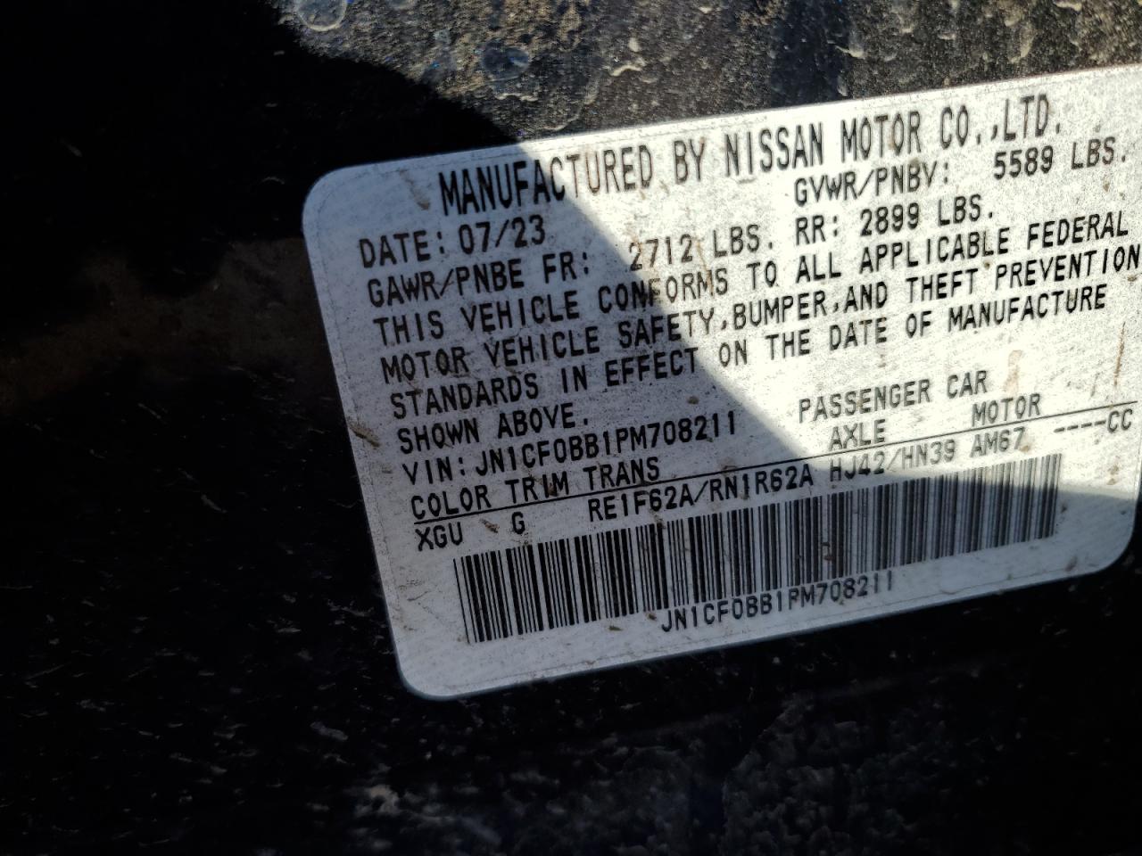 2023 NISSAN ARIYA ENGAGE VIN:JN1CF0BB1PM708211