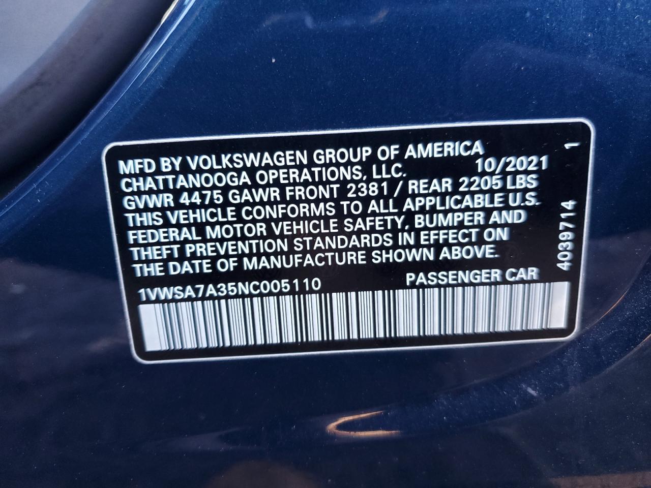 2022 VOLKSWAGEN PASSAT SE VIN:1VWSA7A35NC005110