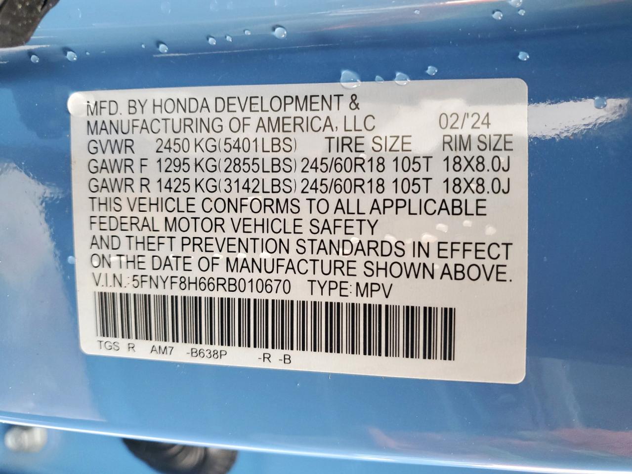 2024 HONDA PASSPORT TRAIL SPORT VIN:5FNYF8H66RB010670