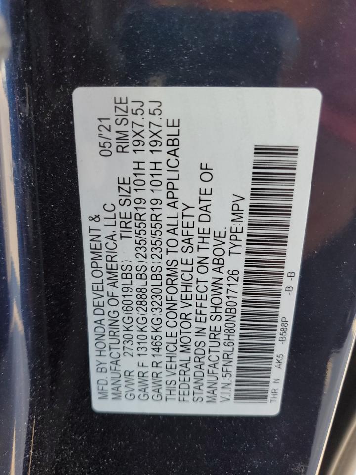 2022 HONDA ODYSSEY TOURING VIN:5FNRL6H80NB017126