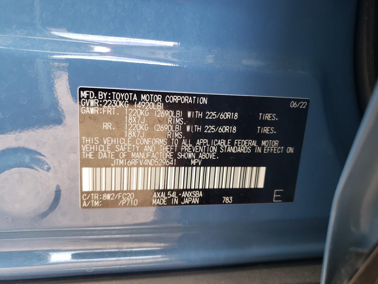 2022 TOYOTA RAV4 SE VIN:JTM16RFV4ND529641