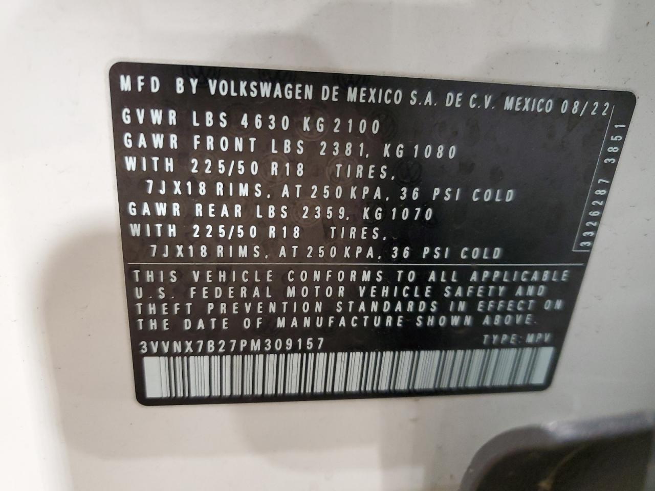 2023 VOLKSWAGEN TAOS SE VIN:3VVNX7B27PM309157